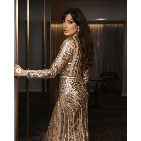 ELIE SAAB Sequin Embroidered Tulle Cutout Long-sleeve Gown In Gold FR40/US8 $732 - Picture 3 of 10